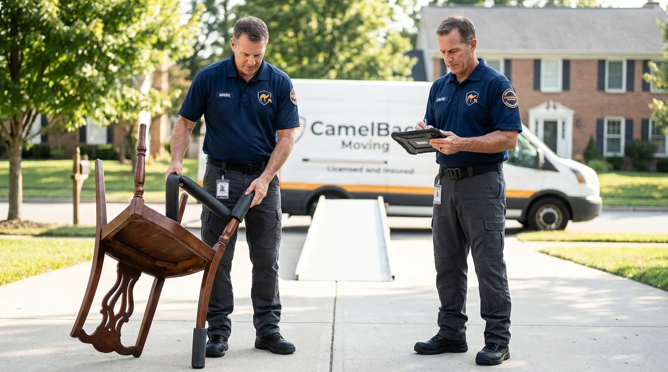 Movers inspecting furniture for damage prevention before loading in Smyrna, GA